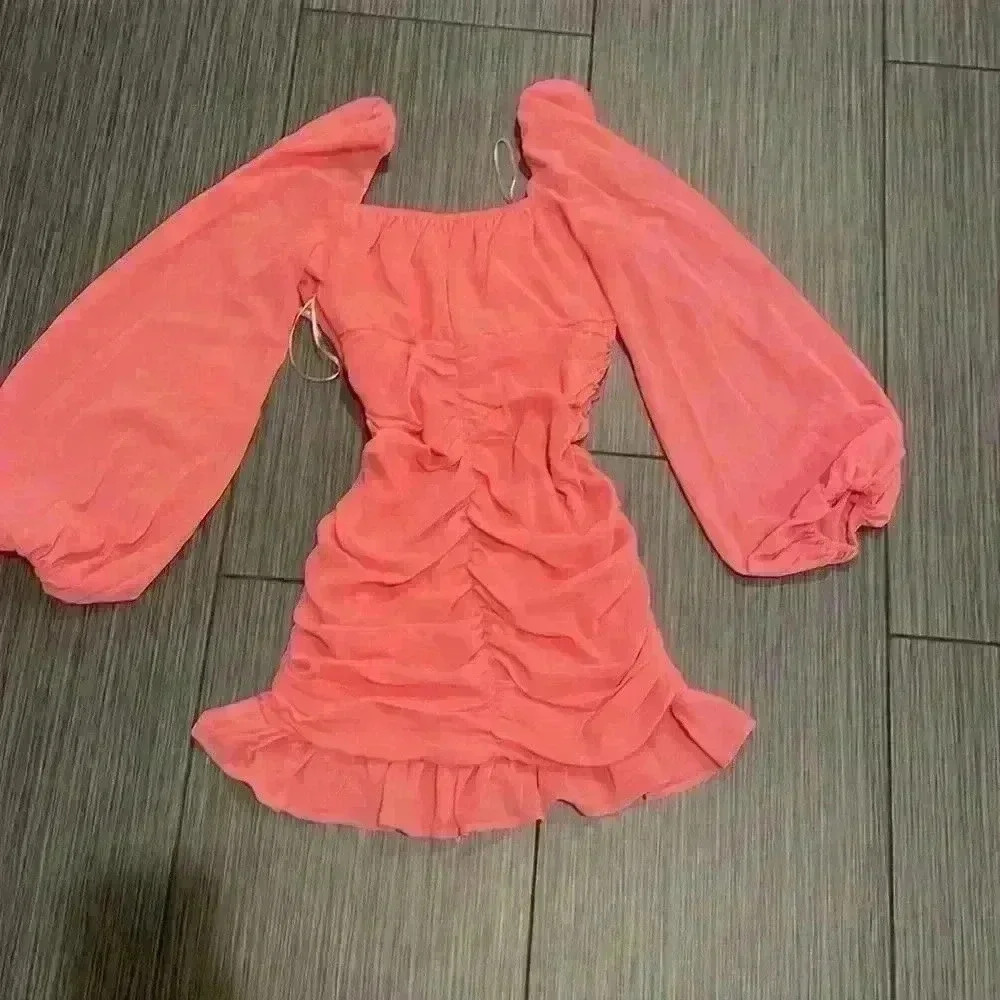 Revolve More To Come Pink Petra Long Blouson Sleeves Ruched Mini Dress Size XS - Picture 8 of 13